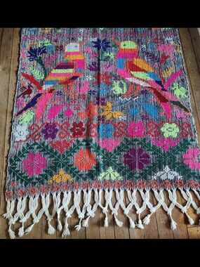 🦜 Vintage Multicolor Bird & Floral Woven Tapestry Wrap Throw Fringe 33”x64”